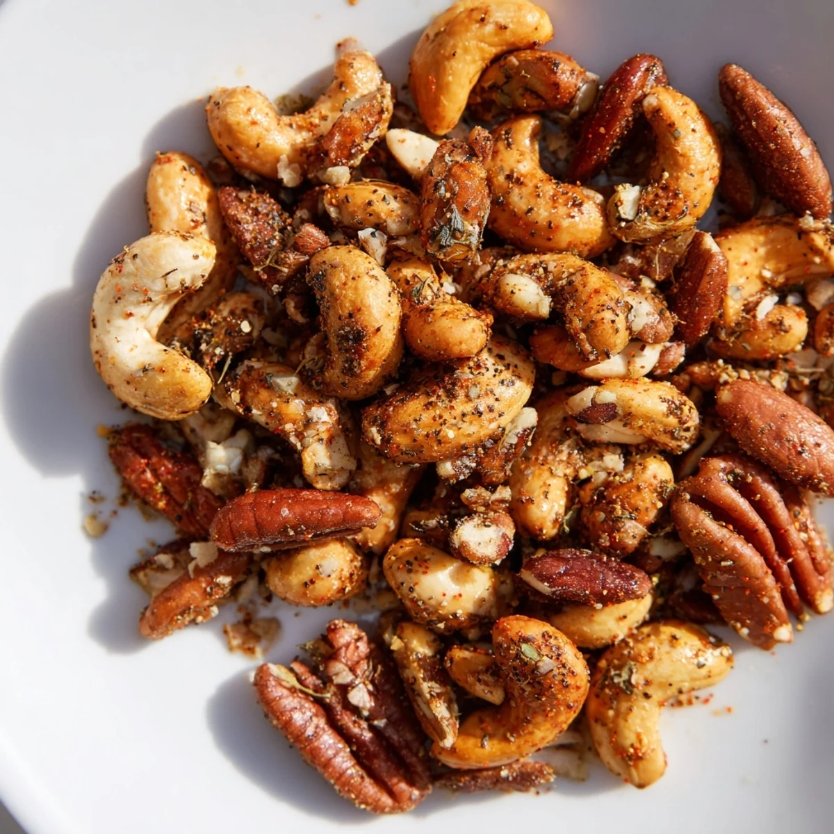 Golden-brown Creole Spiced Nuts Mix cooling on parchment paper, boasting a bold, crunchy texture and aromatic Southern spices.