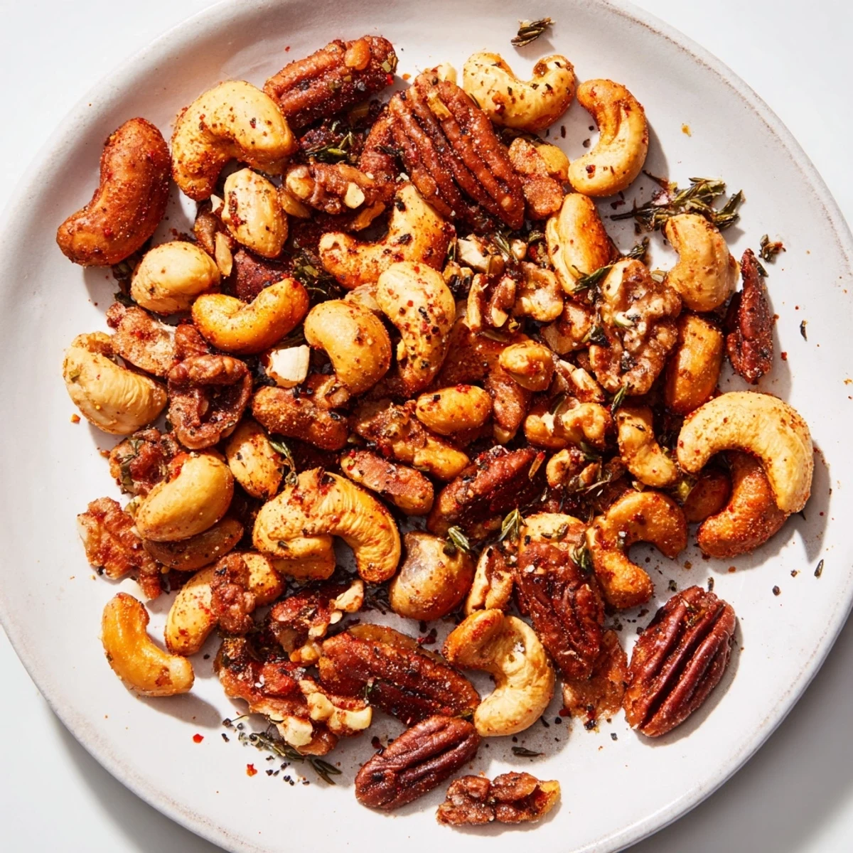 Close-up of oven-roasted Creole Spiced Nuts Mix featuring cashews, almonds, pecans, and walnuts with a smoky, spicy glaze.