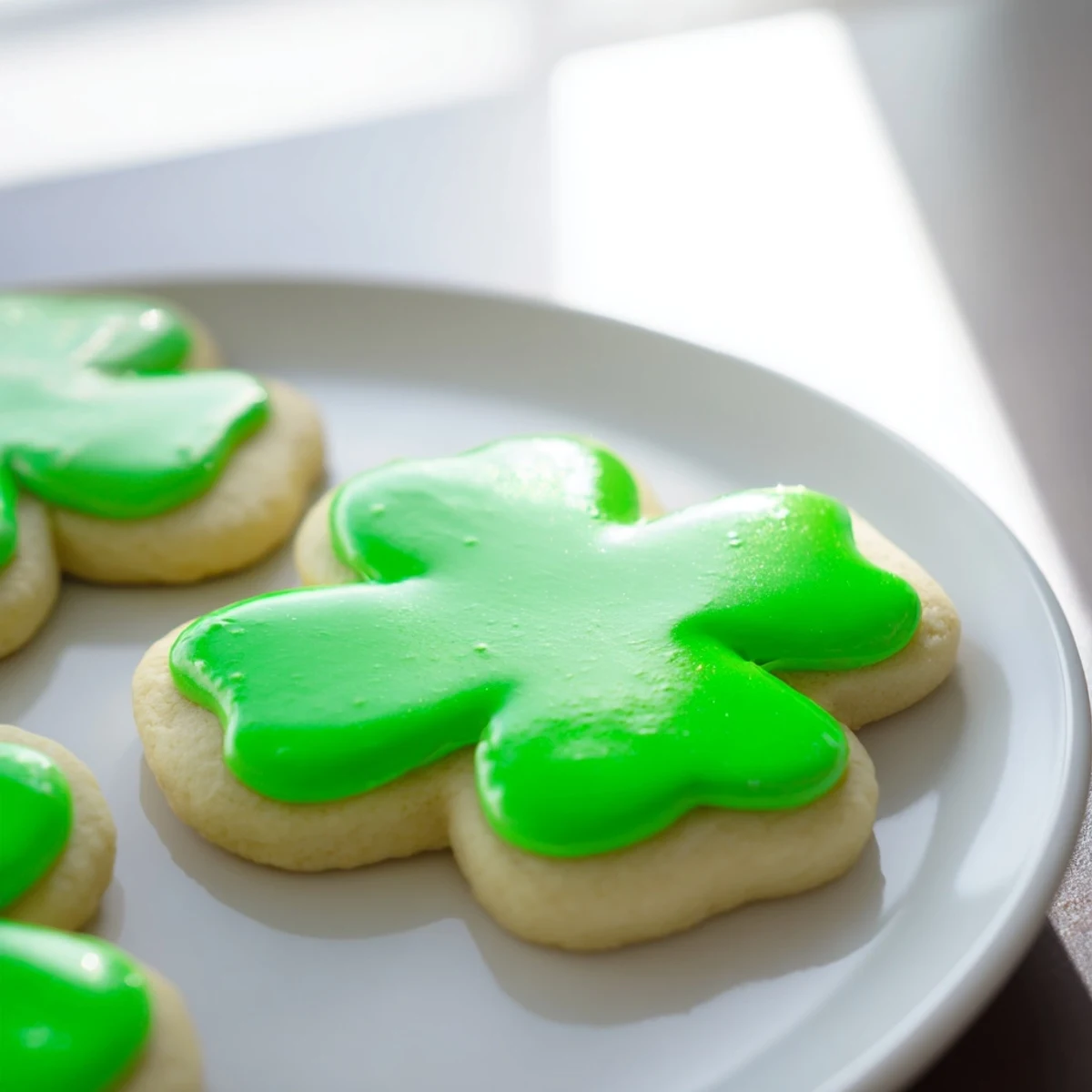 Festive Shamrock Sugar Cookies with Green Icing stacked on a plate with a glass of milk.