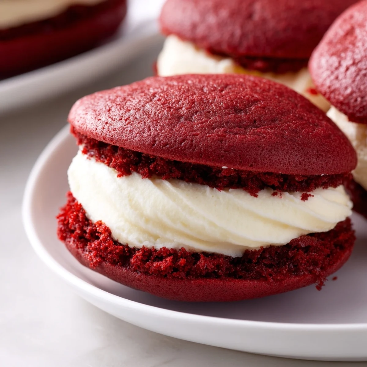 Two rich red velvet cookies sandwiched with fluffy cream cheese filling on a white plate.