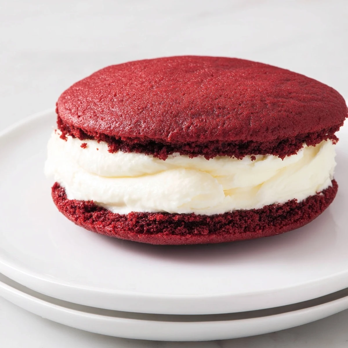 Close-up of Red Velvet Whoopie Pies showing red crumbs and luscious, sweet cream cheese filling.