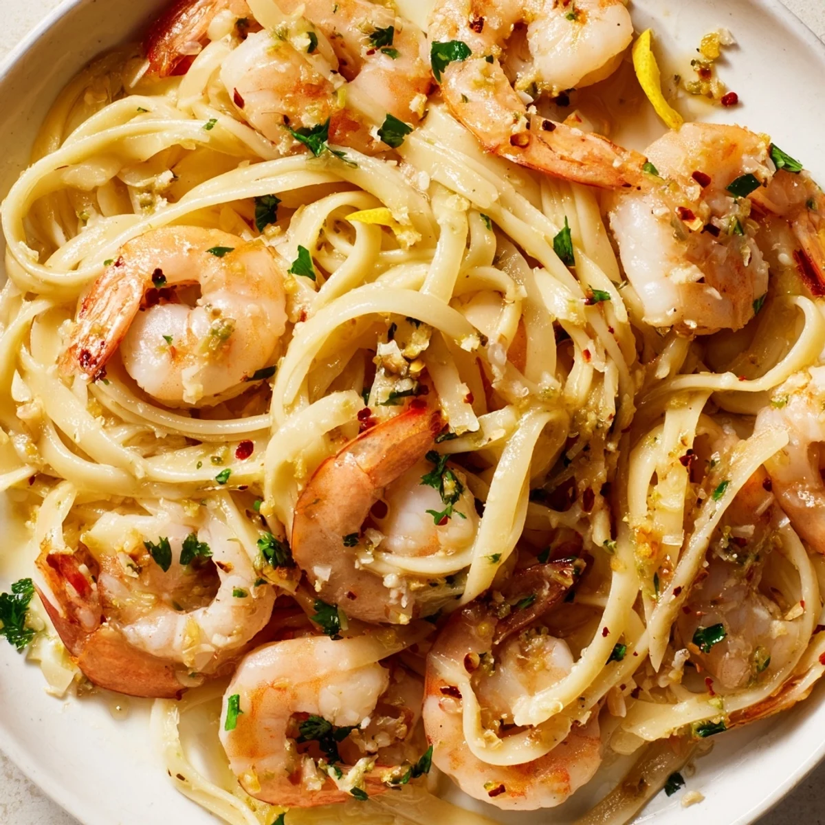 Freshly cooked Date Night Shrimp Scampi with Linguine glistens in a skillet with garlic and parsley.
