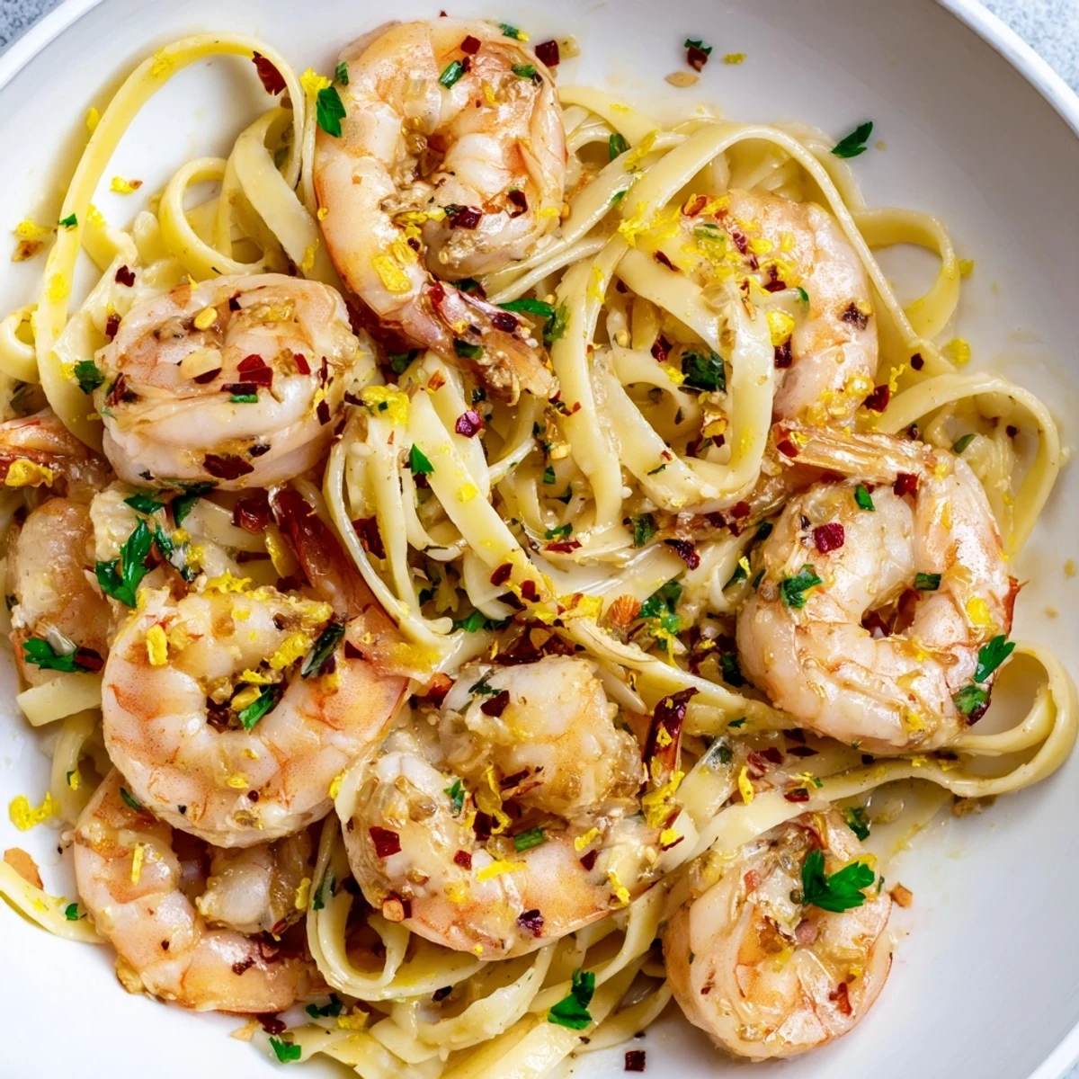 Garlicky Date Night Shrimp Scampi with Linguine is twirled onto a fork next to lemon wedges.