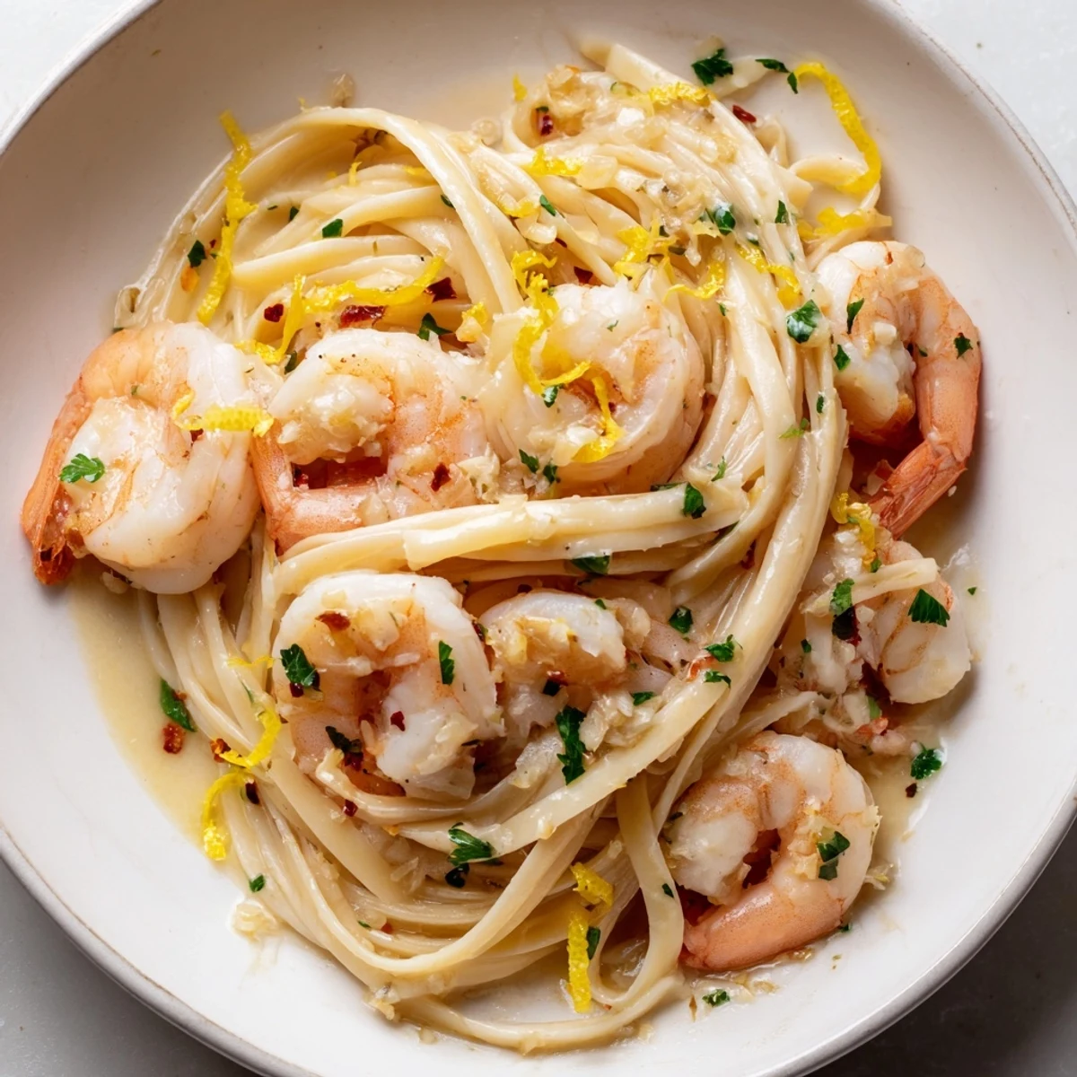 Candlelit serving plate features Date Night Shrimp Scampi with Linguine, topped with Parmesan and red pepper flakes.