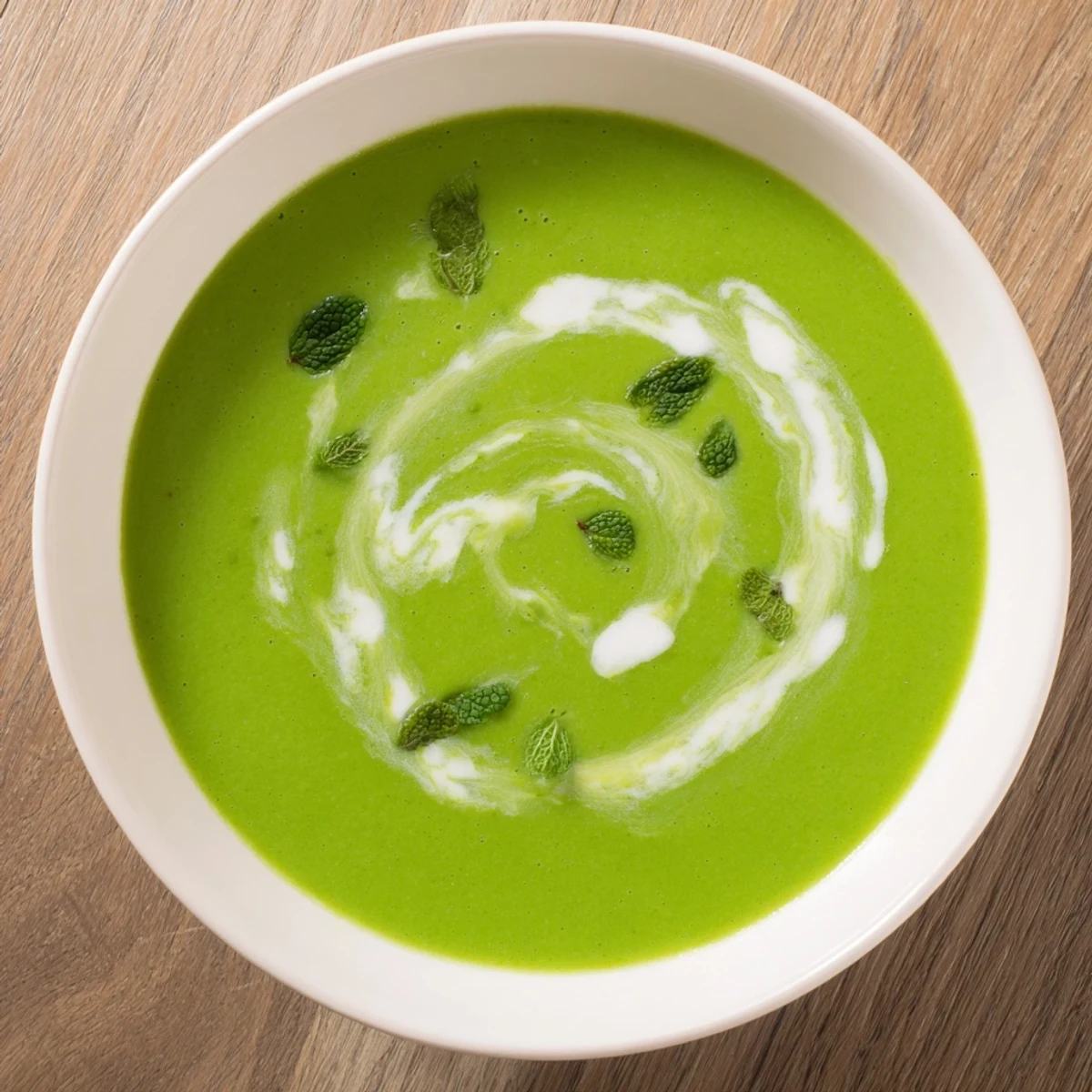 A bowl of vibrant green pea and mint soup swirled with cream served with crusty artisan bread.
