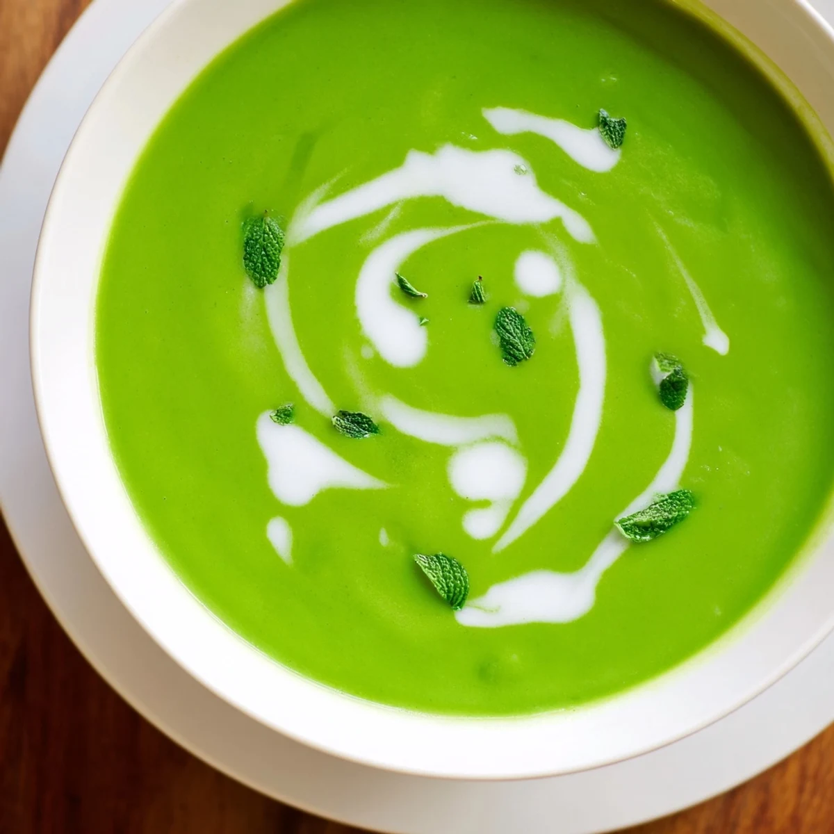 Silky smooth Green Pea and Mint Soup topped with fresh mint and a swirl of heavy cream.