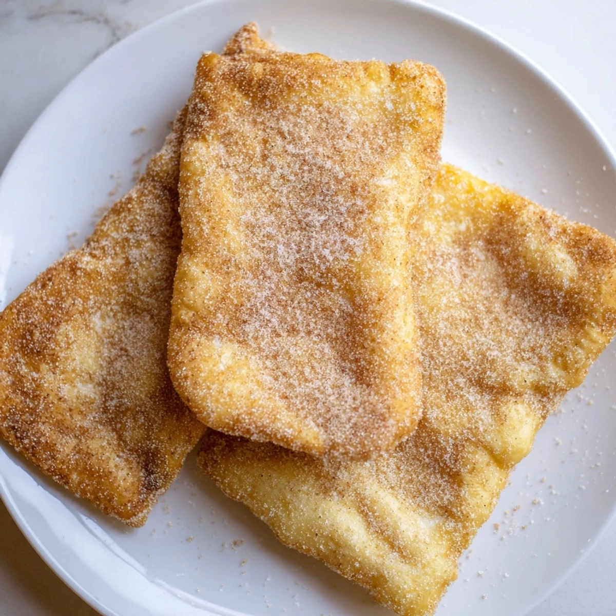 Golden brown Mardi Gras fried dough rectangles tossed in cinnamon sugar, piled on a plate ready for a festive New Orleans celebration.