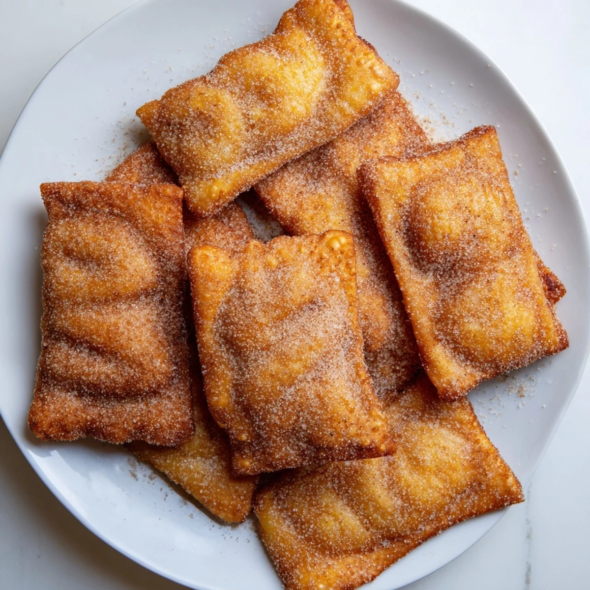 Freshly fried Mardi Gras dough dusted with cinnamon sugar, steam rising from the golden batch served on a rustic kitchen plate.