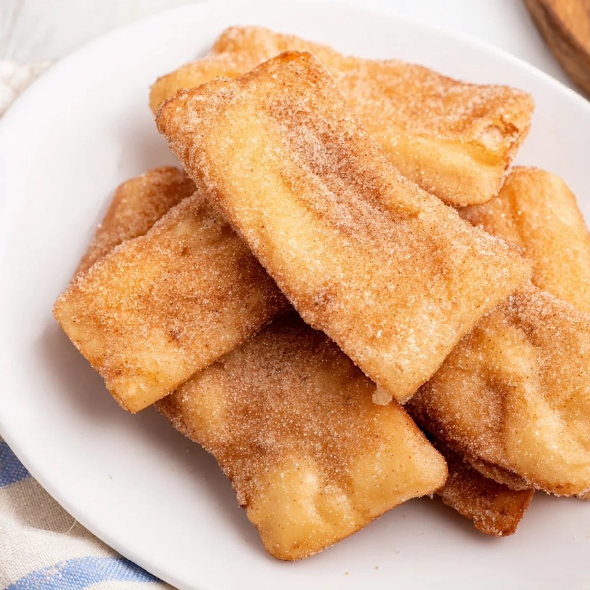 Easy Mardi Gras fried dough pieces coated in cinnamon sugar, stacked for serving alongside a mug of hot coffee or chocolate.