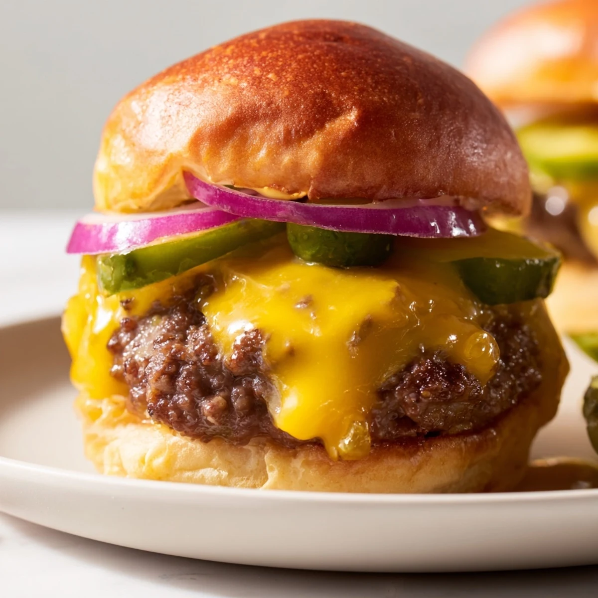 Tailgate Burger Sliders with Pickles served on toasted buns with melted cheddar cheese.