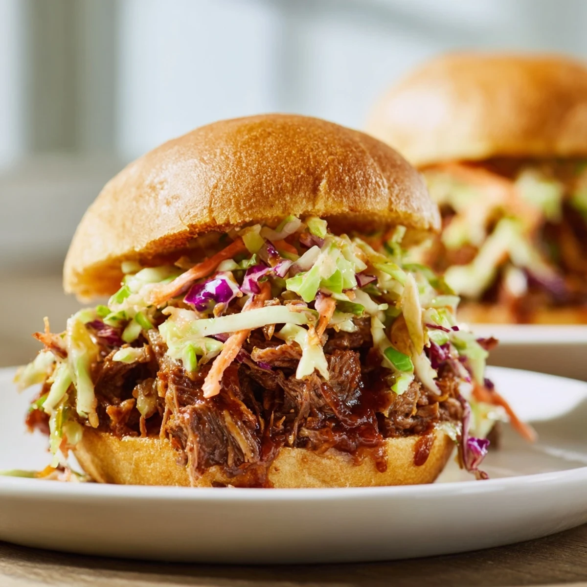 Golden brown Tailgate Pulled Beef Sliders on soft buns are piled high with tender shredded meat and topped with vibrant, crunchy slaw.