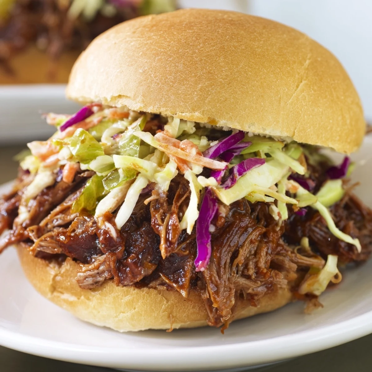 Close-up of Tailgate Pulled Beef Sliders showing juicy shredded beef, fresh slaw, and soft slider buns ready for a game day feast.
