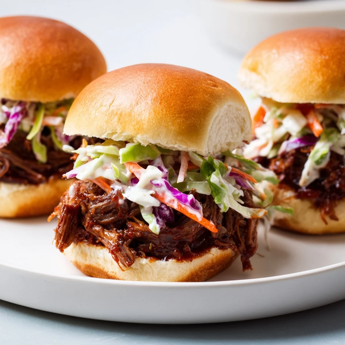 Savory Tailgate Pulled Beef Sliders are served warm on a platter with extra barbecue sauce and tangy slaw for a party.