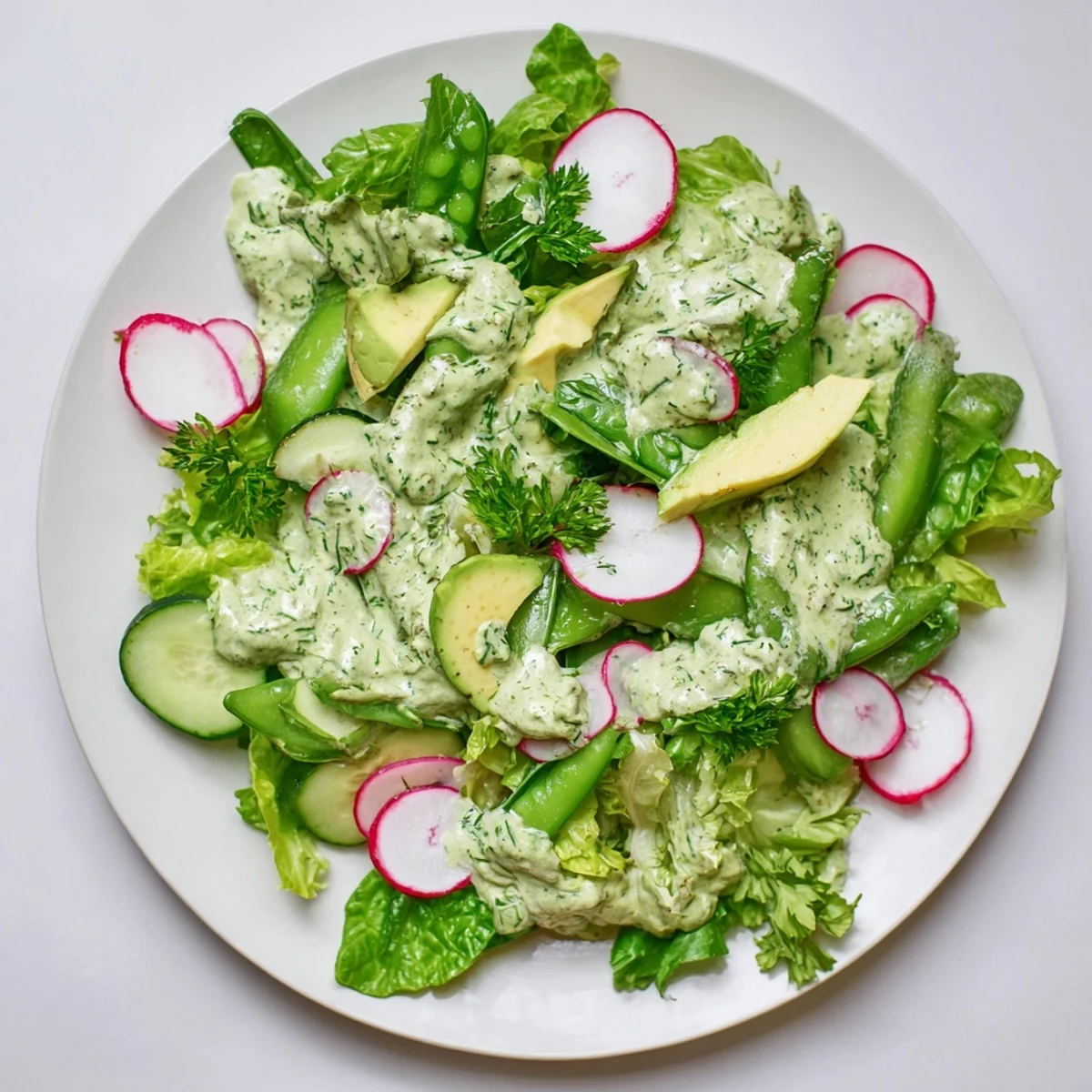 A vibrant bowl of Green Salad with Green Goddess Dressing, tossed with cucumbers, snap peas, and radishes.