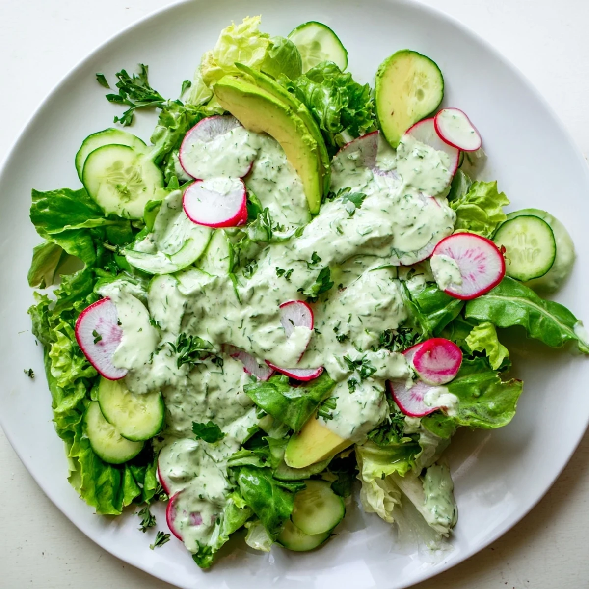 Ready-to-serve Green Salad with Green Goddess Dressing, garnished with chives and drizzled with the herbaceous green sauce.