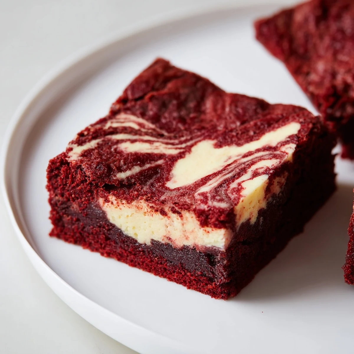 Glossy red velvet brownies with cheesecake swirl, showcasing rich red hues and creamy white ribbons on a wooden serving board.  