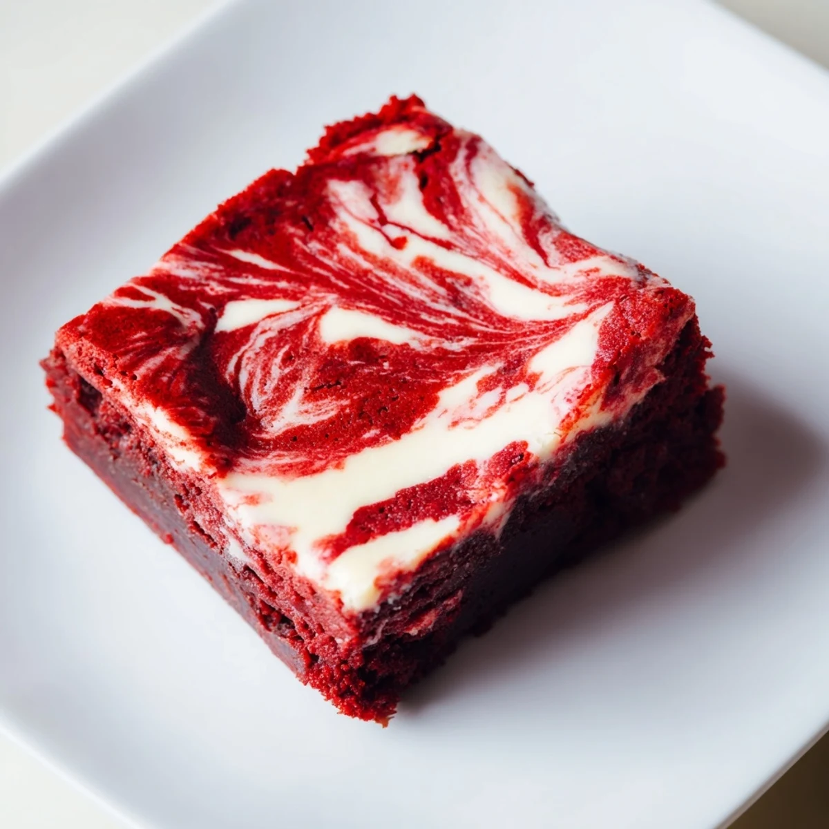 Freshly baked red velvet brownies with cheesecake swirl, warm from the oven with a fudgy, moist crumb and marbled texture.  