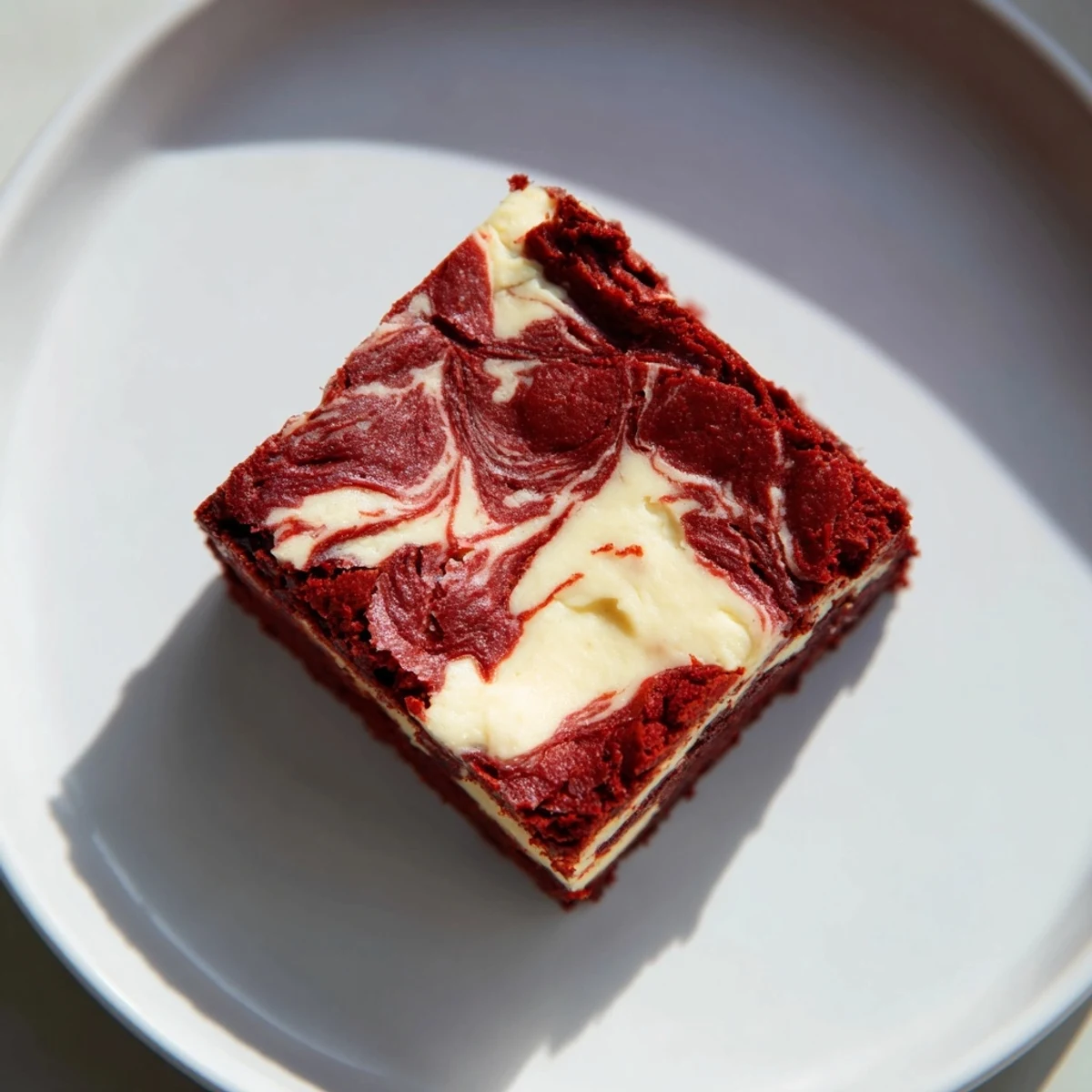 Plated red velvet brownies with cheesecake swirl, served with a glass of cold milk for a classic American dessert experience.