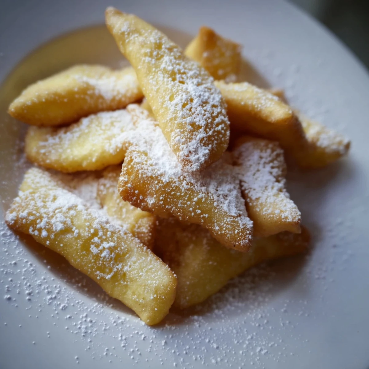 A close-up view of freshly fried New Orleans Beignet Fries with Sugar, showcasing their crispy edges and pillowy centers coated in white powdered sugar.