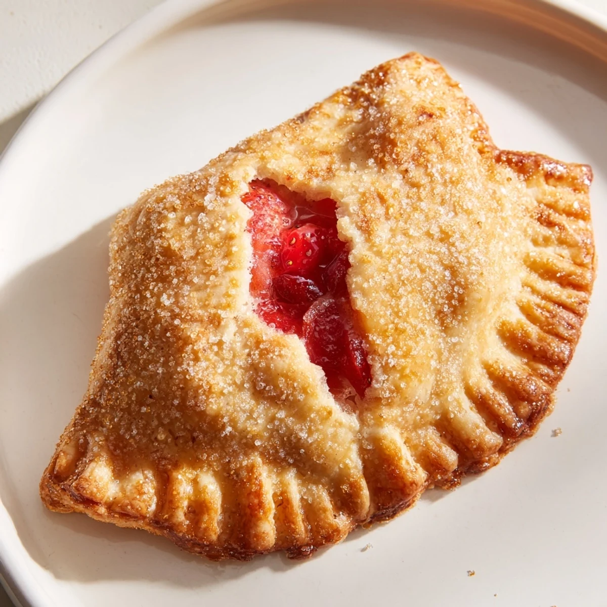 Golden-brown Sweetheart Strawberry Hand Pies, with flaky crusts and juicy red filling, resting on parchment paper, perfect for sharing.