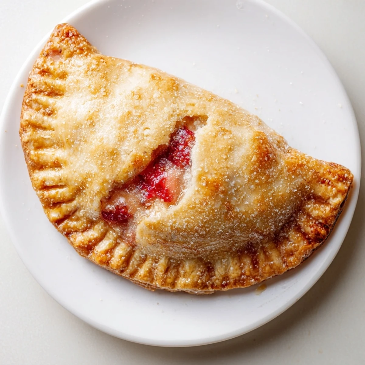 Close-up of a Sweetheart Strawberry Hand Pie, buttery crust dusted with sugar, revealing vibrant fresh strawberry filling inside.