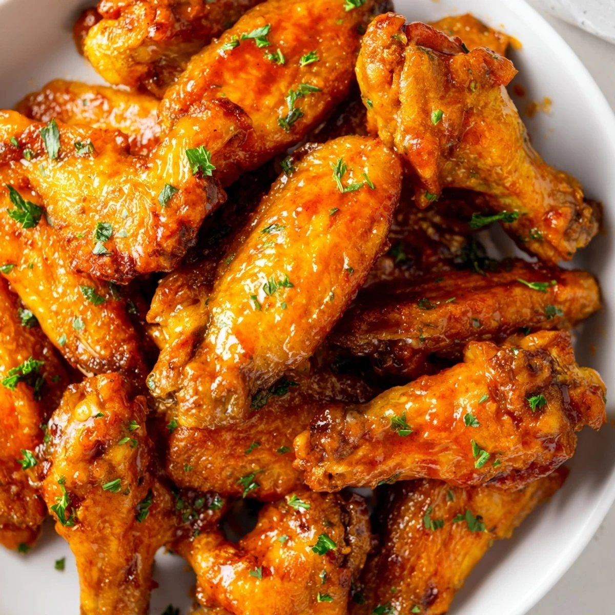 A close-up of saucy Big Game Wing Platter with BBQ sauce, garnished with parsley and served with fresh veggies.