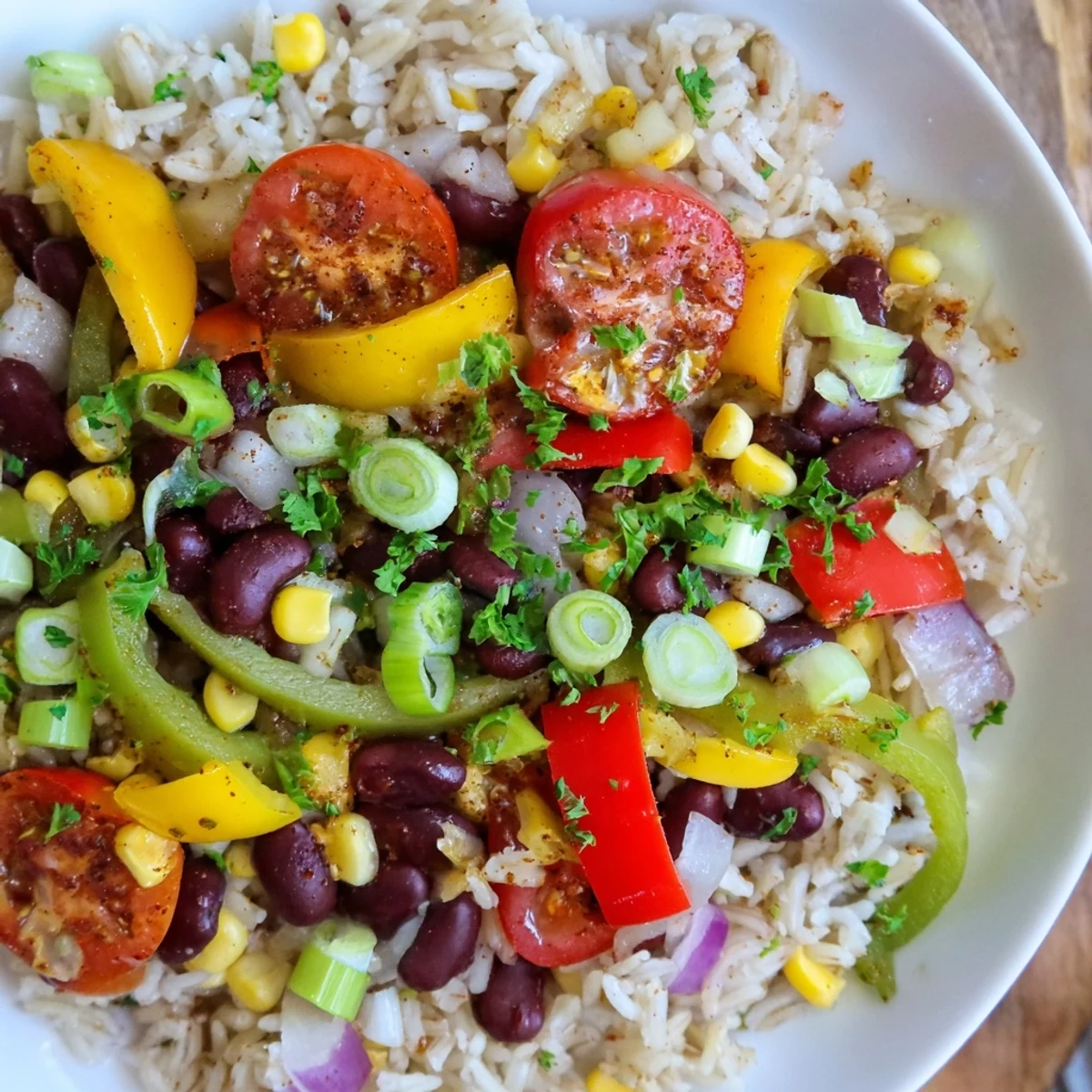 A vibrant Mardi Gras Veggie Rice Bowl topped with fresh parsley, green onions, and a lime wedge for zesty flavor.