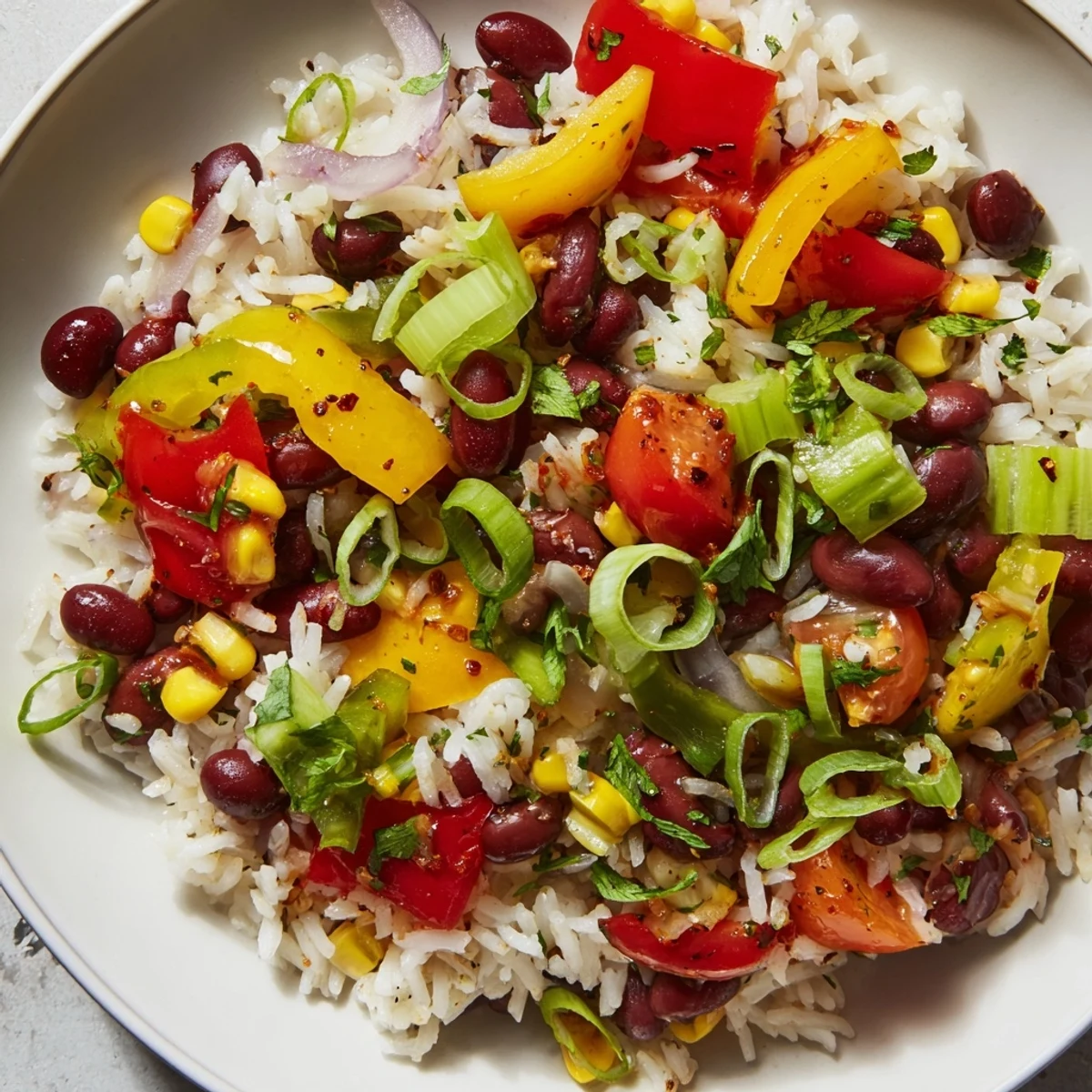 A hearty Mardi Gras Veggie Rice Bowl featuring fluffy rice, sautéed vegetables, and Cajun spices ready to serve.