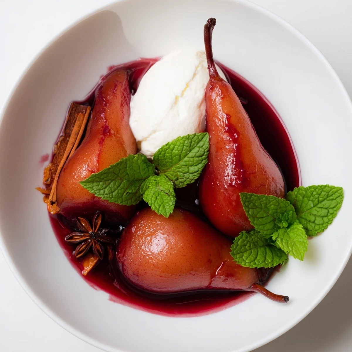 Tender, spiced pear halves glistening with a warm, reduced grape juice syrup and a hint of vanilla bean.