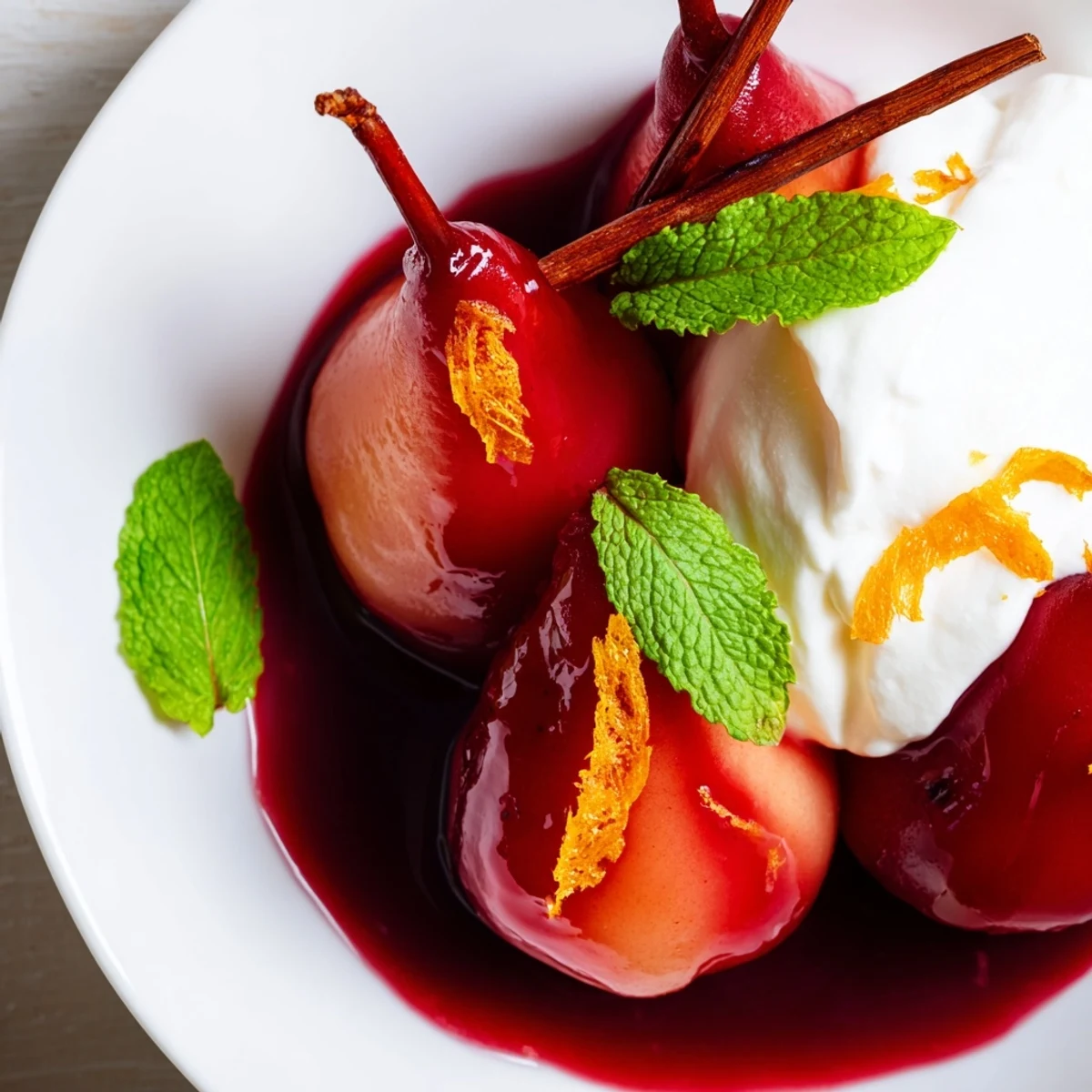 A single poached pear half resting in a glossy purple syrup, garnished with a fresh mint leaf.