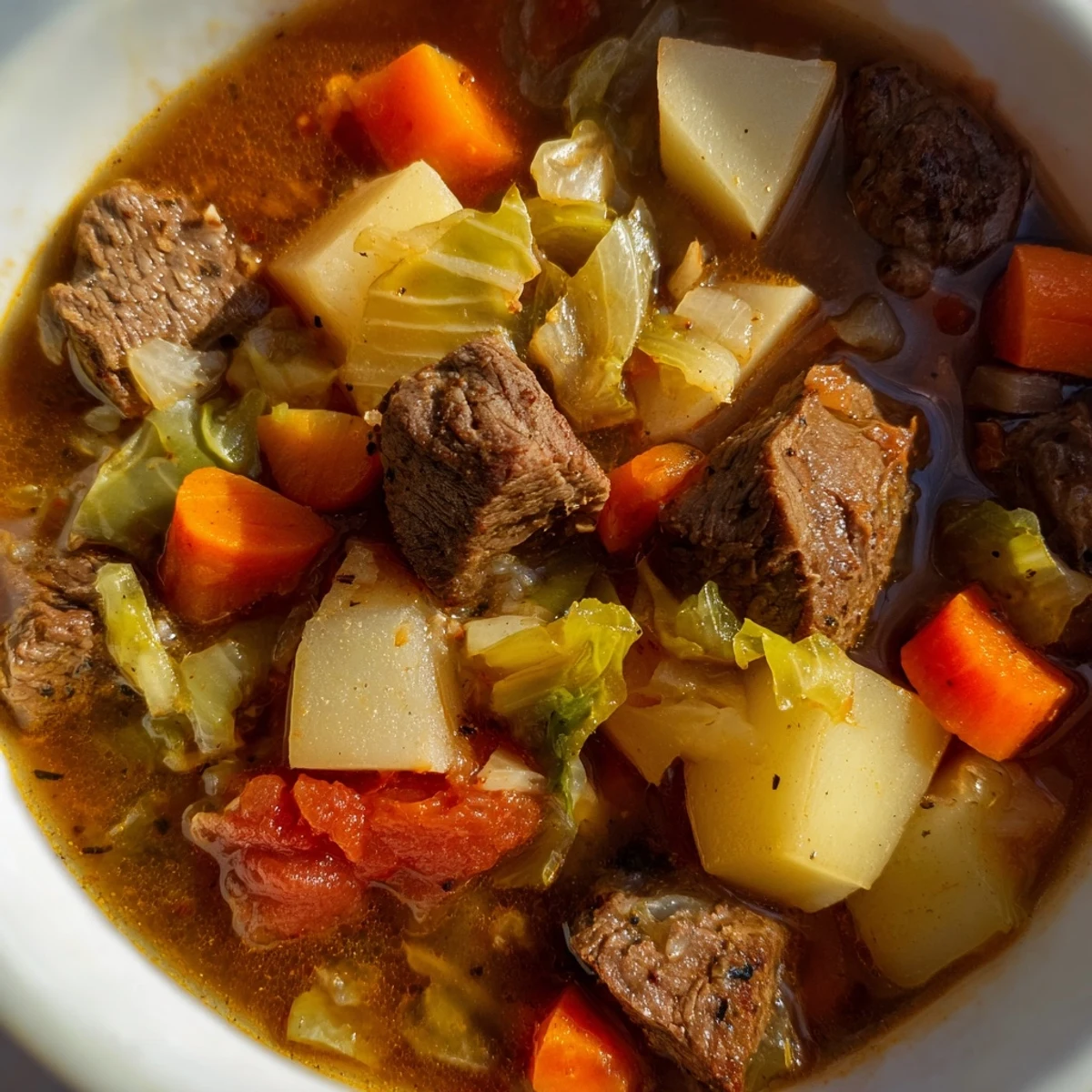 A steaming bowl of St. Patrick’s Day Cabbage and Beef Soup, brimming with tender beef chunks, soft potatoes, and carrots, garnished with fresh parsley.