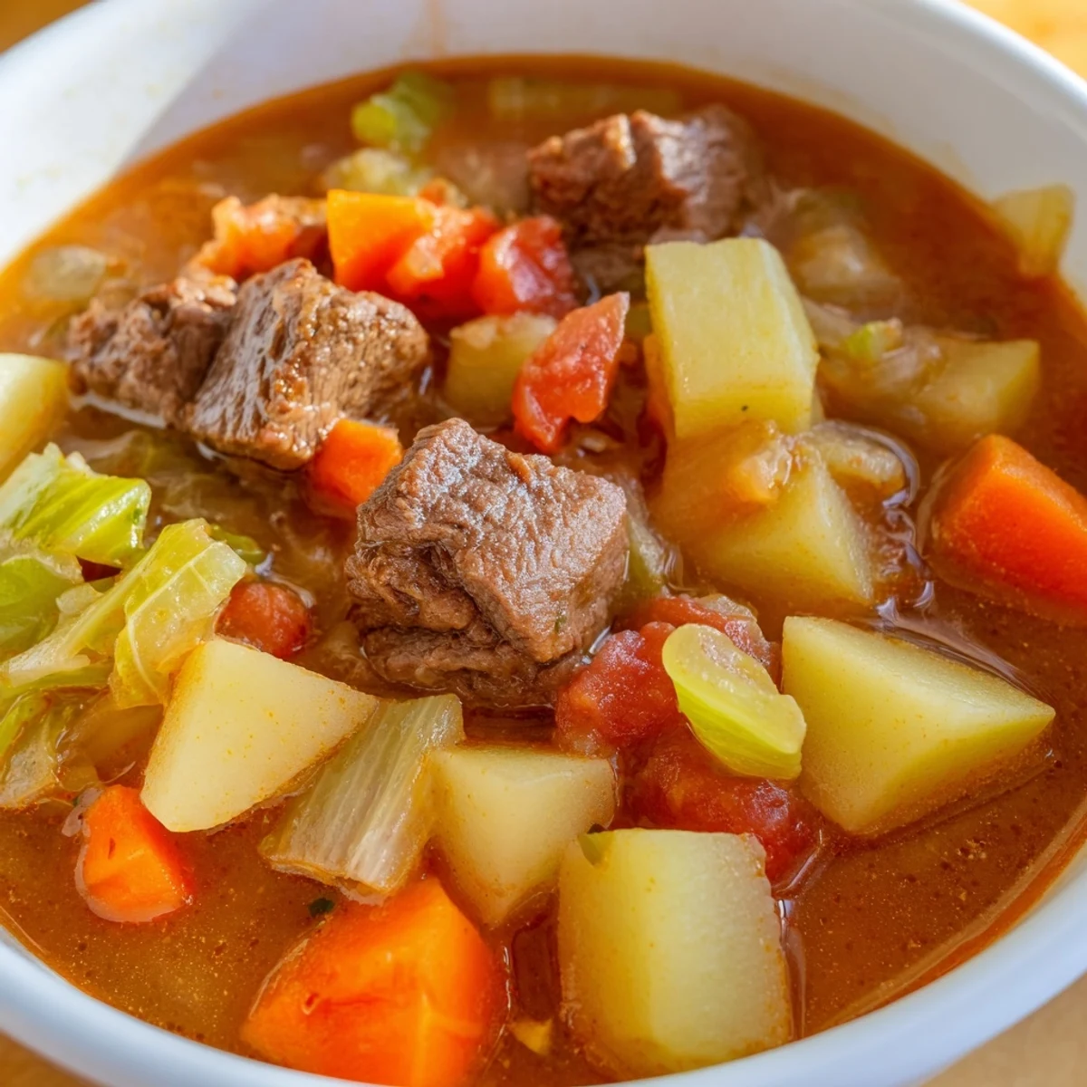 Hearty St. Patrick’s Day Cabbage and Beef Soup simmers in a rustic pot, filled with savory broth, green cabbage, and diced tomatoes, ready to serve.