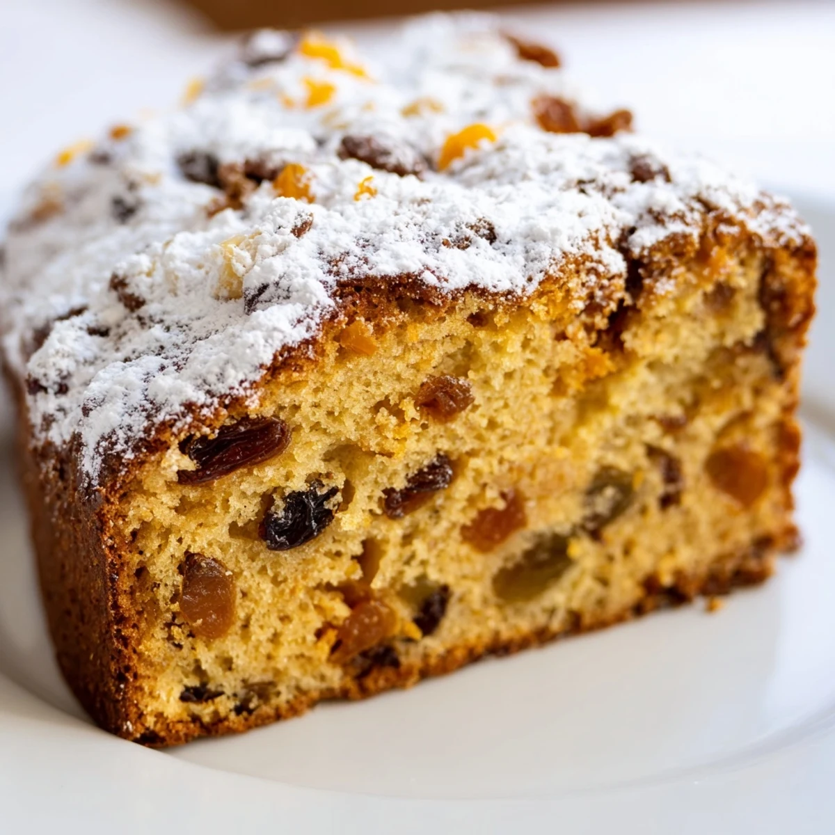 Irish Tea Cake with Dried Fruit loaf on a rustic wooden table, served with a steaming mug of tea and a pat of butter.