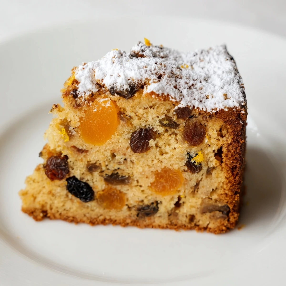 A freshly baked Irish Tea Cake with Dried Fruit, sliced to show moist crumb and plump fruit pieces, dusted with powdered sugar.