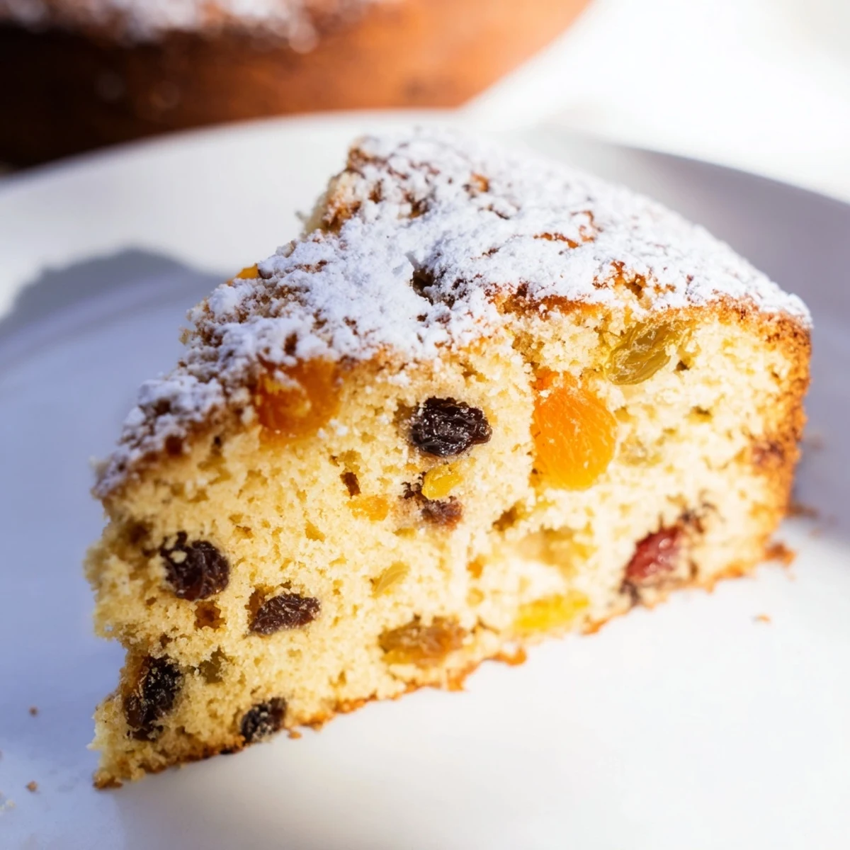 Overhead view of golden brown Irish Tea Cake with Dried Fruit, featuring vibrant dried apricots and raisins in every tender slice.