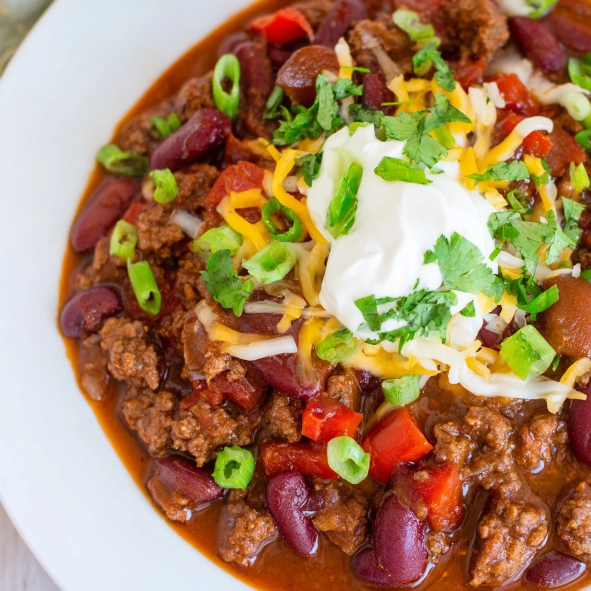 A steaming bowl of beef chili with kidney beans, topped with melted cheddar and a dollop of sour cream.  