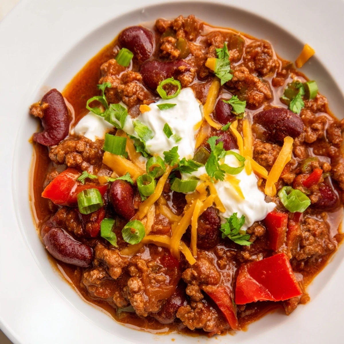 Hearty beef chili with kidney beans simmering in a Dutch oven, filled with rich tomatoes and aromatic spices.  