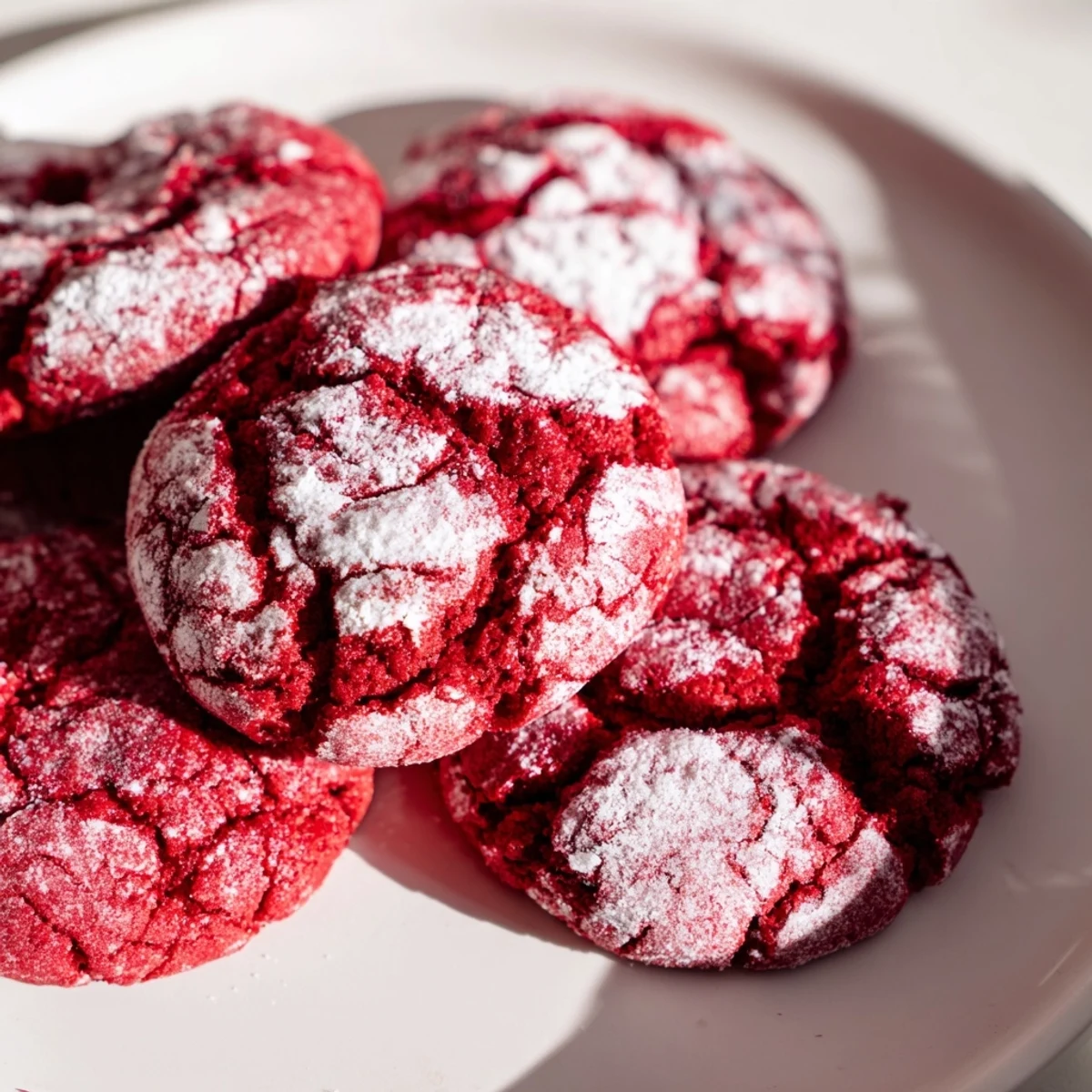 A plate of Red Velvet Crinkle Cookies with powdered sugar, showcasing their soft texture and festive cracked tops.