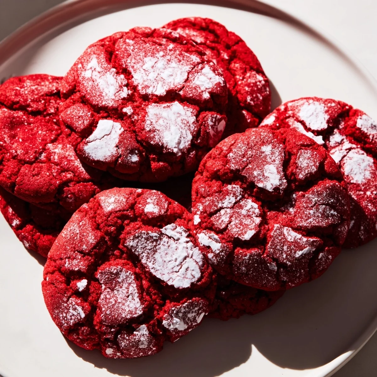 Freshly baked Red Velvet Crinkle Cookies dusted with powdered sugar, ready to serve with a glass of cold milk.