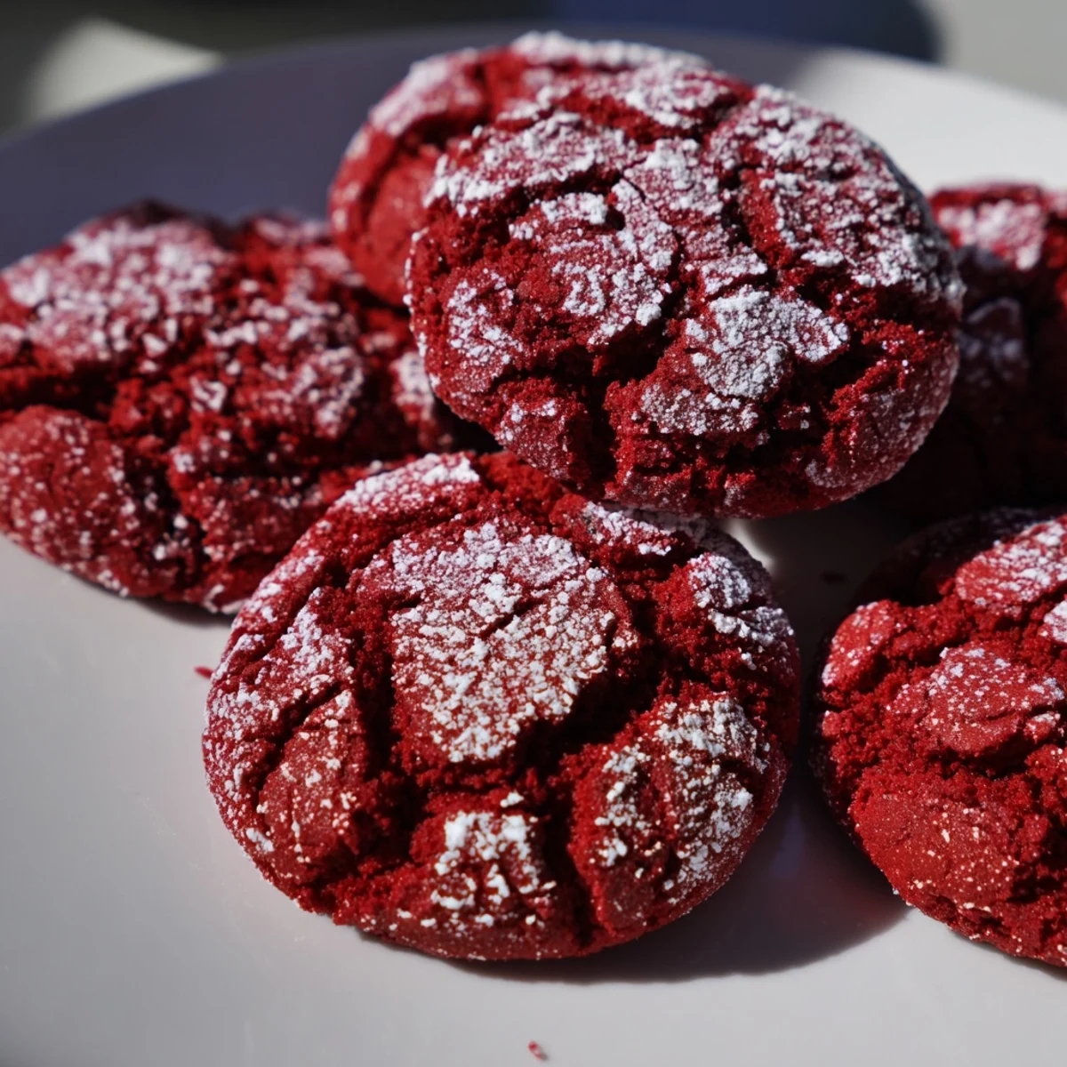Homemade Red Velvet Crinkle Cookies with a vibrant red crinkle, perfect for holiday gatherings or sweet cravings.