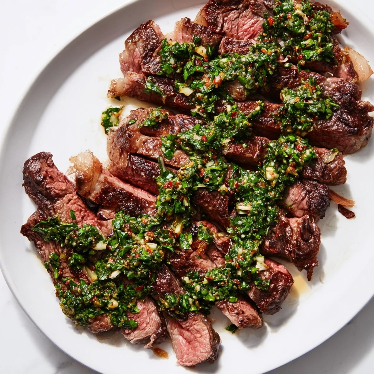 Perfectly seared ribeye steak with chimichurri sauce garnished with fresh parsley and garlic.  