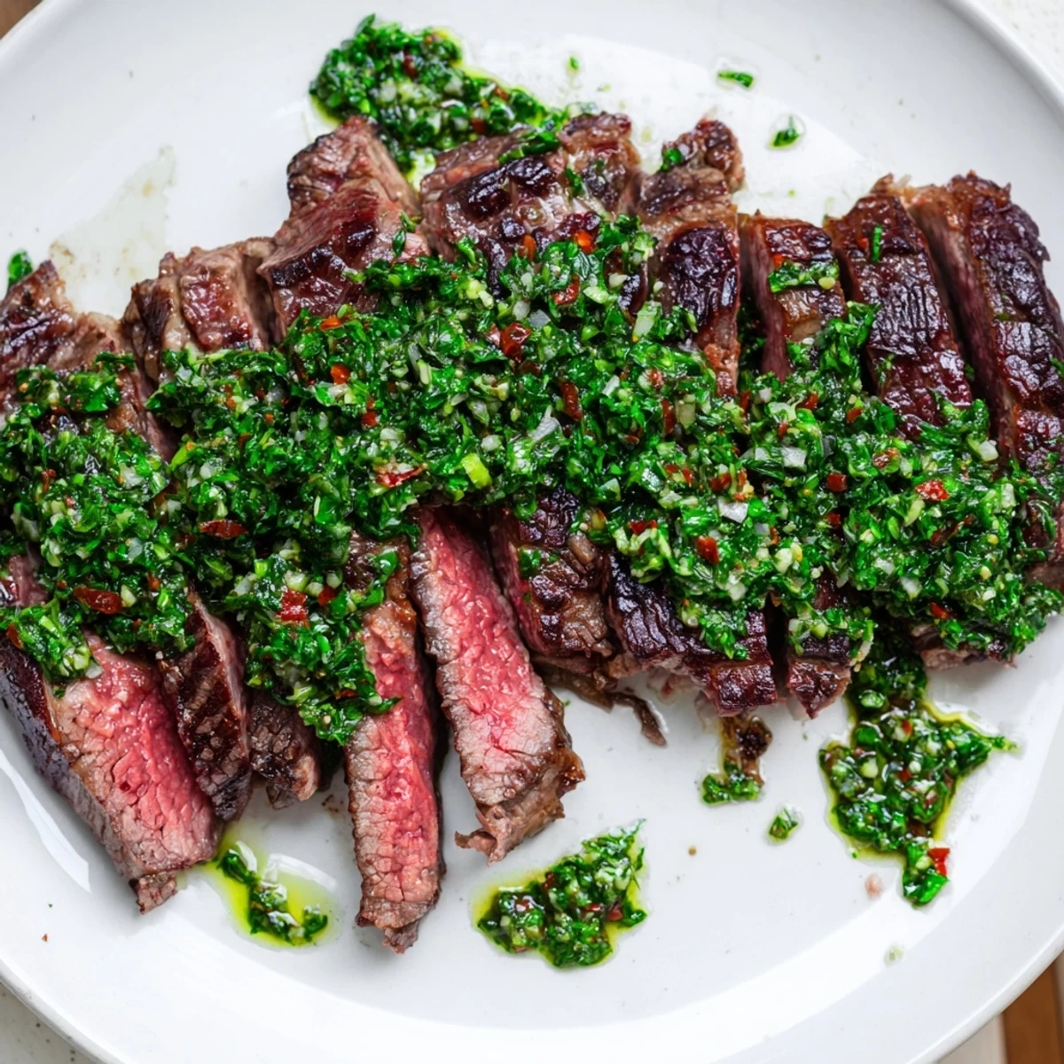 Juicy pan-seared steak topped with vibrant green chimichurri on a rustic wooden board.  