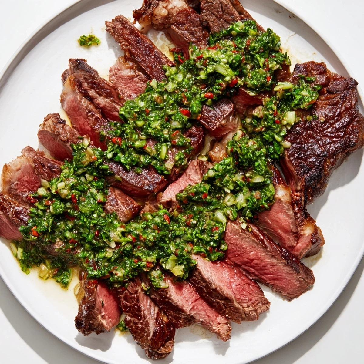 Tender sliced steak drizzled with herbaceous chimichurri, served with roasted potatoes.