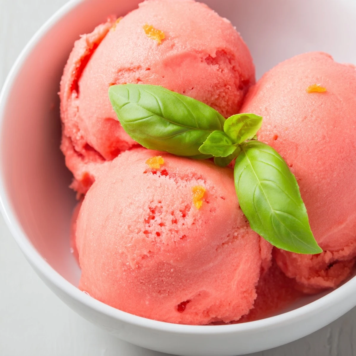 Pink grapefruit sorbet with basil in clear glasses, garnished with fresh basil leaves and zest.