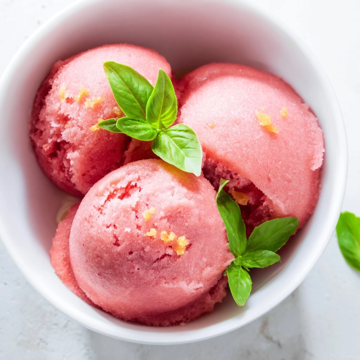 Scoops of pink grapefruit sorbet with basil garnish, served in chilled glass bowls on a sunny table.