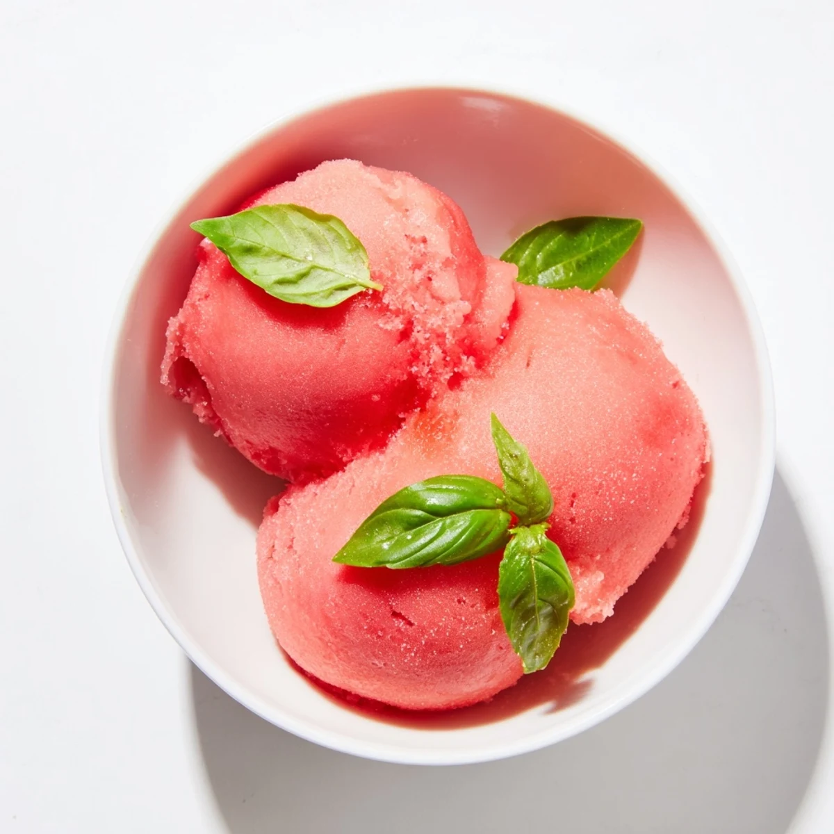Frozen pink grapefruit sorbet with basil ready to serve, showing bright citrus color and refreshing texture.