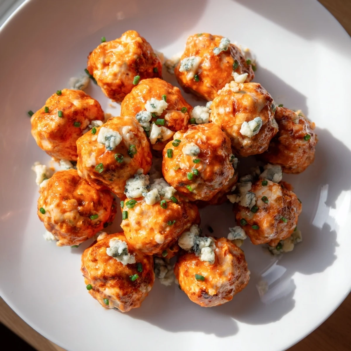 Golden Buffalo chicken meatballs with blue cheese crumbles and fresh chives on a platter with celery sticks.  