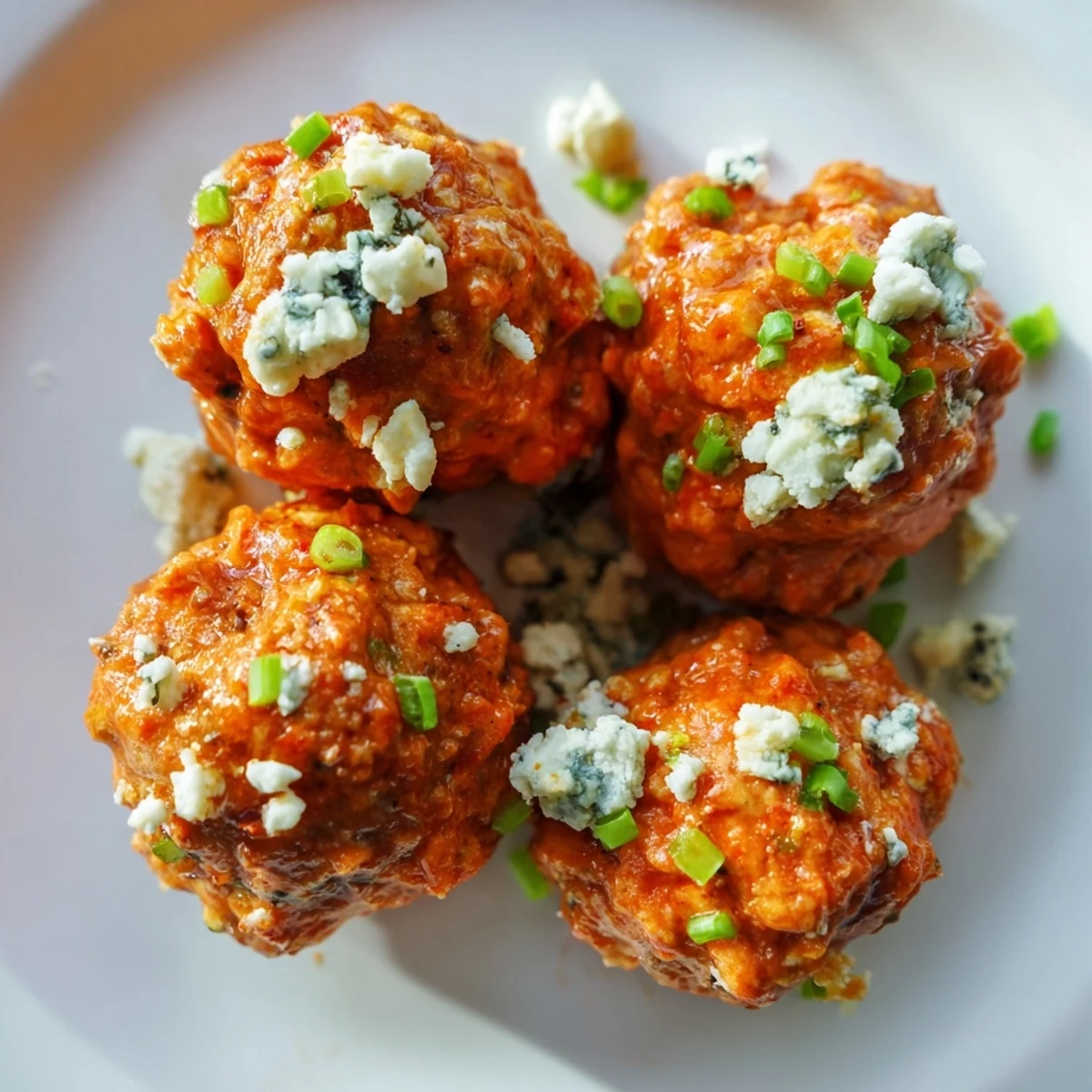 Party-ready Buffalo chicken meatballs served with blue cheese and celery sticks, perfect for game day gatherings.