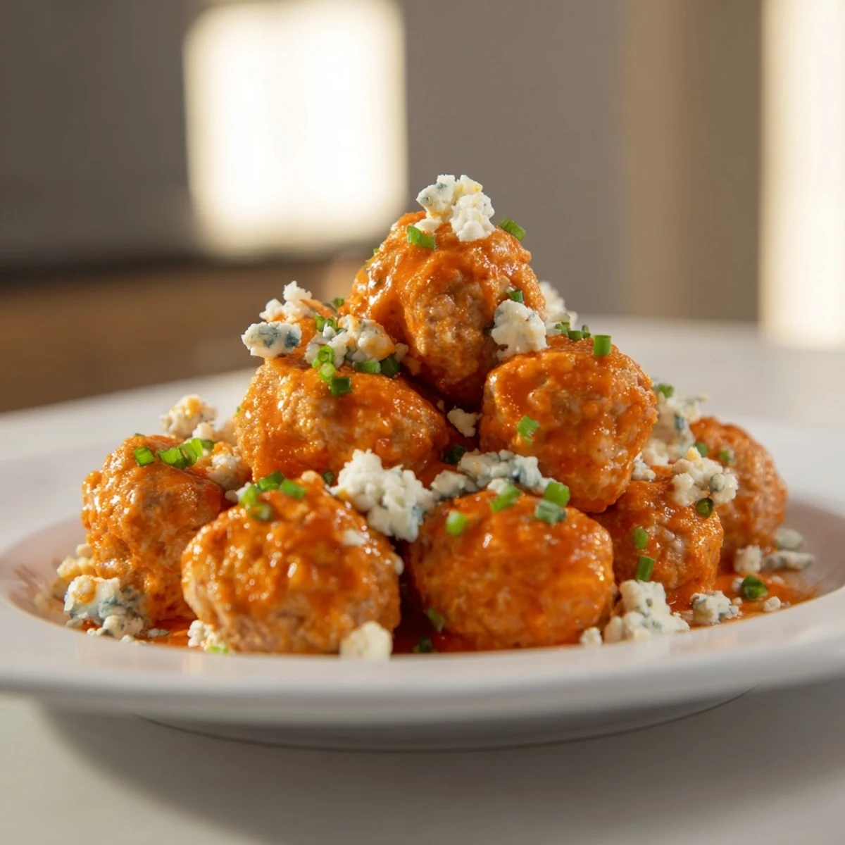 Juicy baked meatballs coated in tangy Buffalo sauce, topped with creamy blue cheese for a spicy-savory bite.  