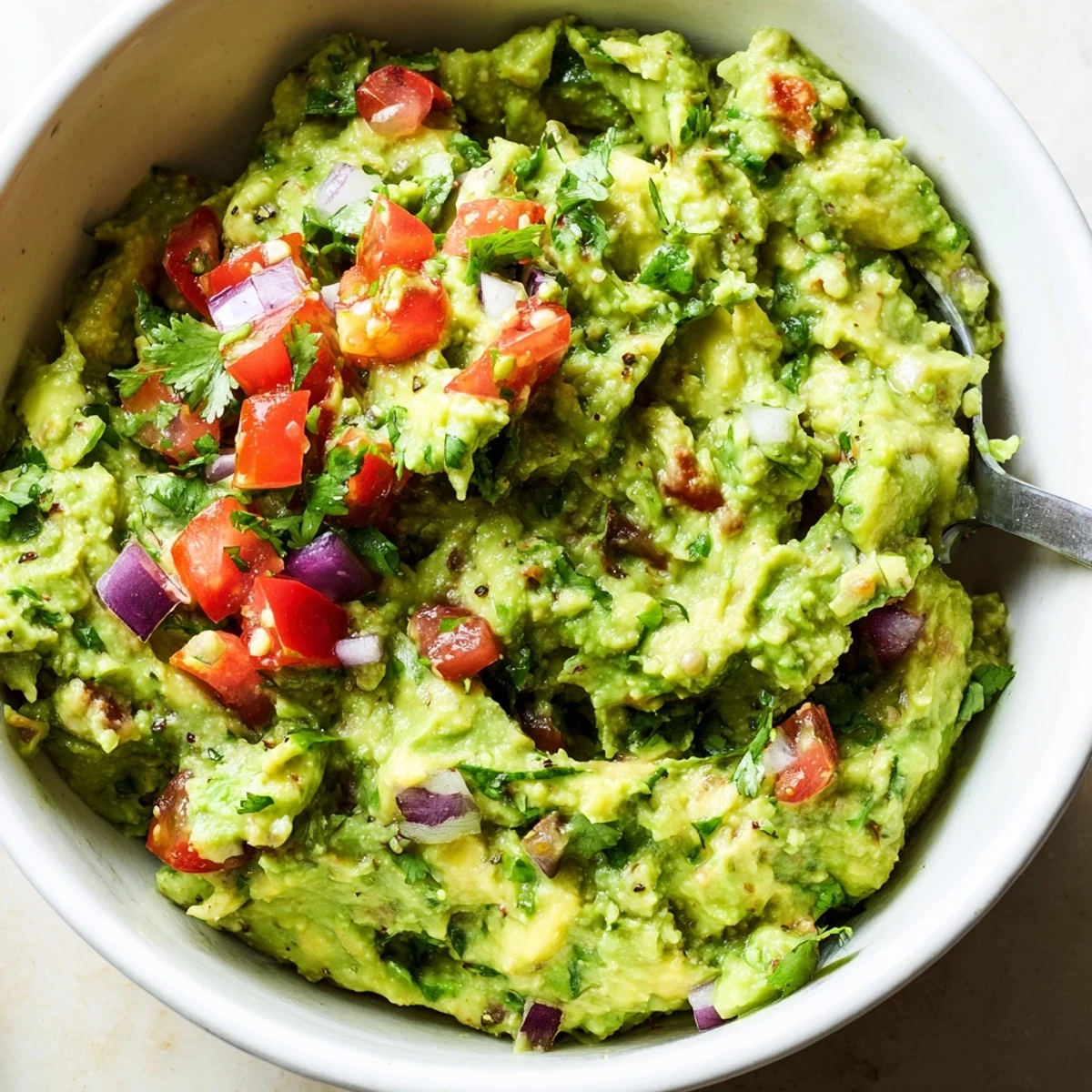 A bowl of creamy guacamole topped with chunky pico de gallo, garnished with cilantro, next to crisp tortilla chips for dipping.